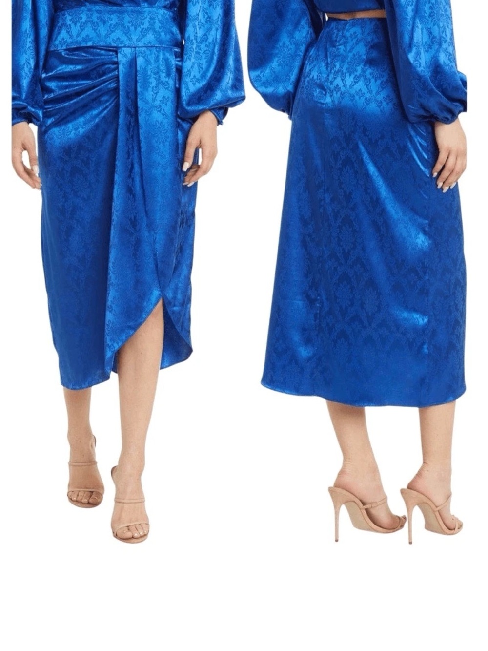 New Ronny Kobo Miranda Jacquard Satin Blue Midi Skirt Size XS